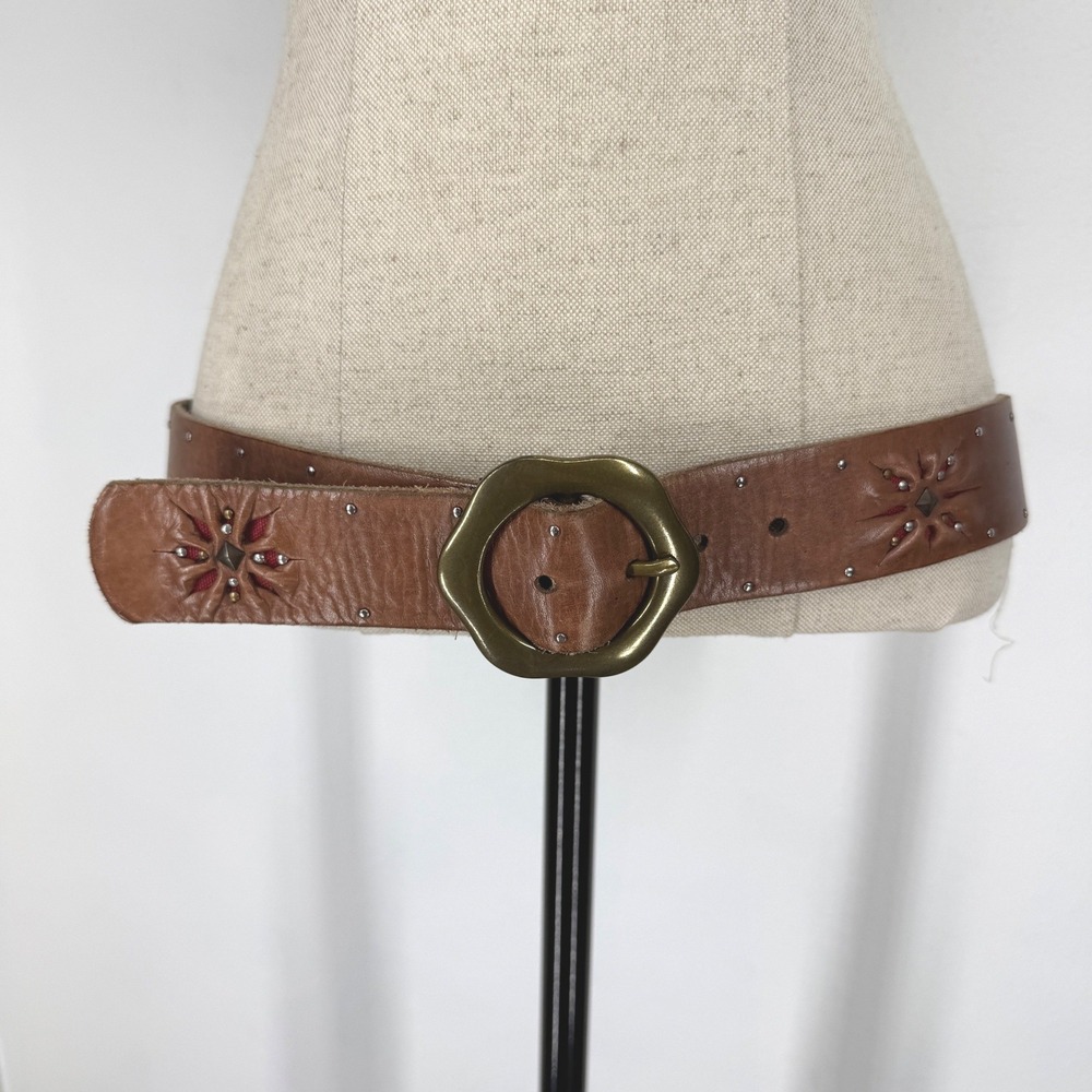 Lucky Brand Brown Leather Studded Starburst Belt Brass Hex Buckle M Y2K Boho 90s